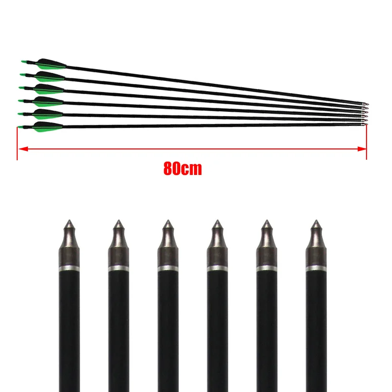 6pcs-80cm-Length-Replaceable-Arrowhead-Target-Practice-Steel-Point-Green-Black-Feather-Archery-Fiberglass-Arrows-with (4)