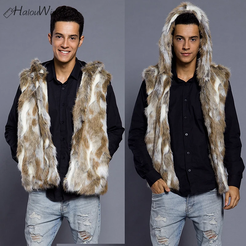 Big Size 3XL Men Faux Fur Vest with Hoodies Rabbit Jackets Camo Cargo