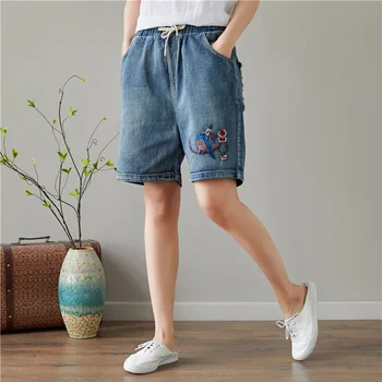 

Europe 2020 Summer Women Fashion Loose Straight Wide Leg Embroidery Denim Half Pants Female Casual Plus Size Jeans Pants Sibybo