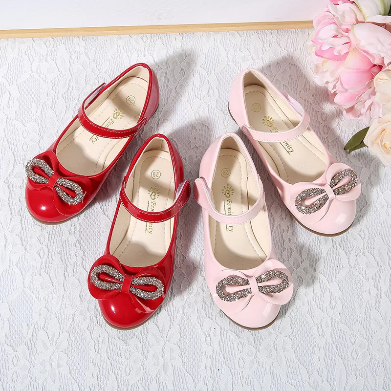 IYEAL Fashion Big Girls Shoes with Sequins Bow Pink Red Leather Slip on Children Flat Shoes for