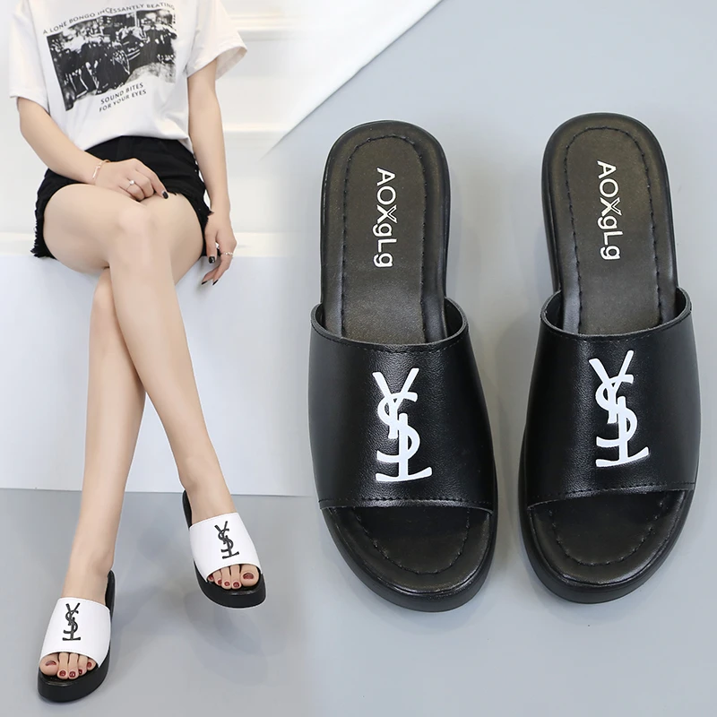 

Brand Size 40 Platform Women Slippers 2019 Summer Outdoor leather high heels peep toe wedges Flip-flops Beach Shoes White