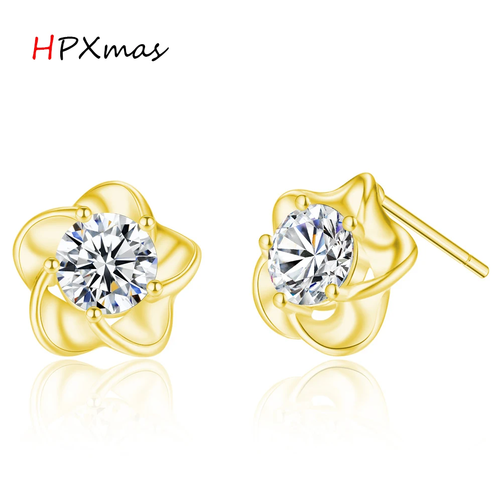 

HPXmas Luxury Golden/rose golden Flower shape Crystal Stud Earrings Bijouxy Statement Women fashion jewelry 2019 C2