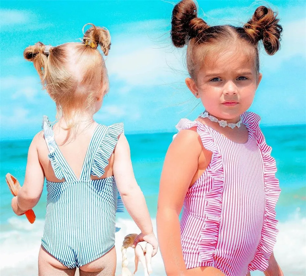 Милые Одежда для детей; малышей; девочек в полоску без рукавов оборками Купальники для малышек купальник бикини ванный комплект пляжная
