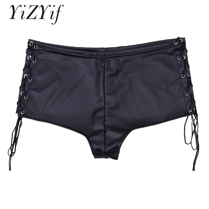 

YiZYiF Drawstring Shorts Women Skinny Hot Shorts Sexy Patent Leather Drawstring Shorts Lace Up Dancing Women Sexy Shorts