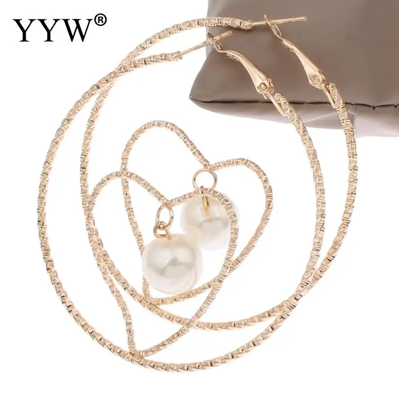 

New Wedding Lover Jewelry Gifts Gold-color Round Circle Ear Loop Heart Hoop Earring Imitation Pearl Beaded Hoop Earrings Women