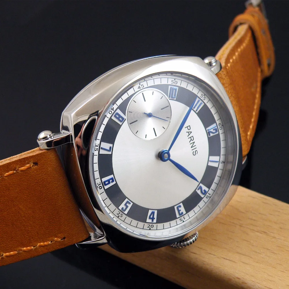 

44MM PARNIS men's manual mechanical watch brown belt silver dial fashion watch