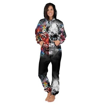 

Women Men Stripe Jumpsuit Hoodies Cute Skull Printed Unisex Romper Playsuit Outwear Autumn Winter Onesies Tracksuit Sweatpants