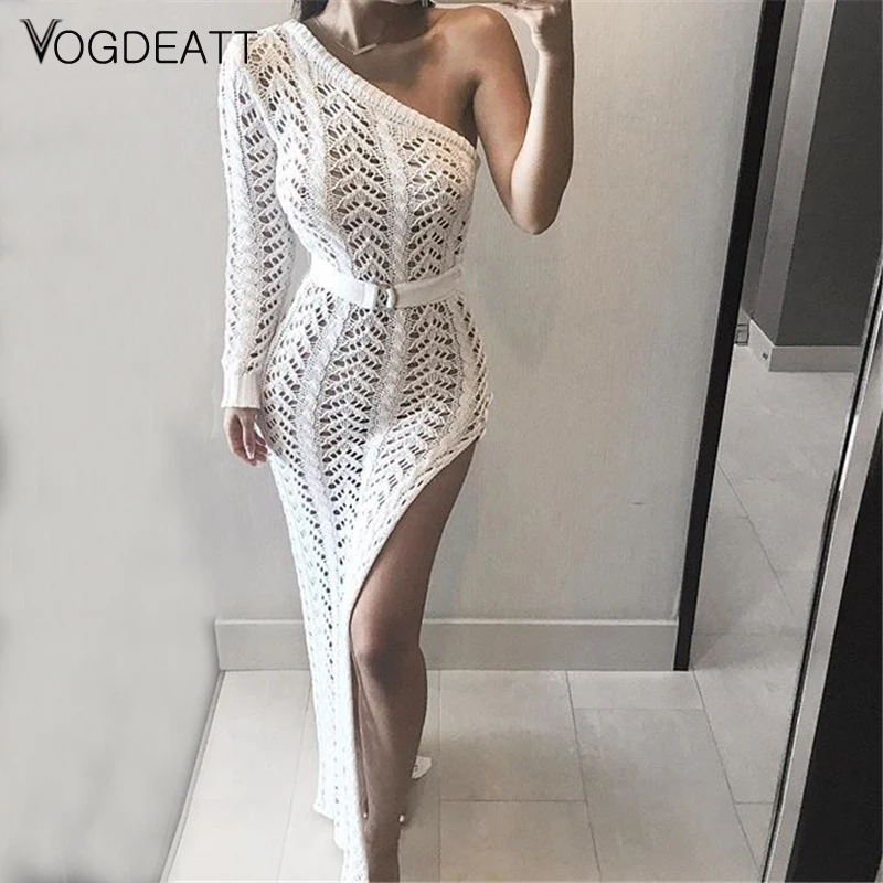 Knitting Womens One Shoulder Dresses Hollow out Solid Dress Slit Maxi dresses woman party night Fashion bodycon dress 2019 Knitting Womens One Shoulder Dresses Hollow out Solid Dress Slit Maxi dresses woman party night Fashion bodycon dress 2019