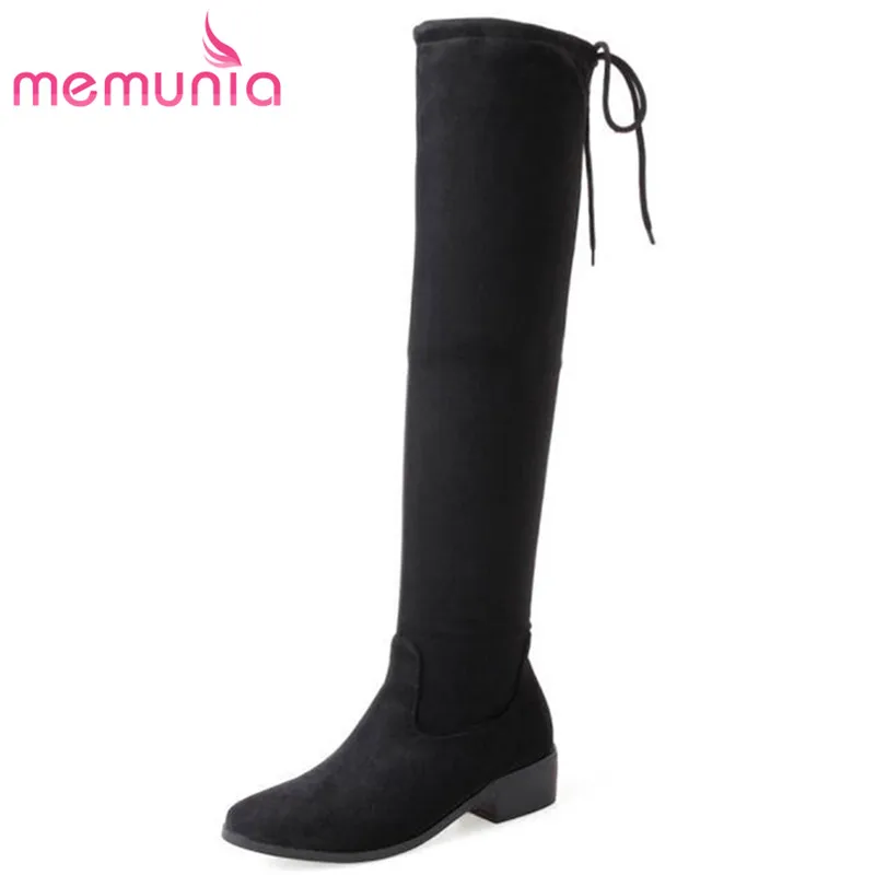 

MEMUNIA 2020 new arrival flock short plush autumn winter women boots lace up solid color thigh high boots med heel shoes