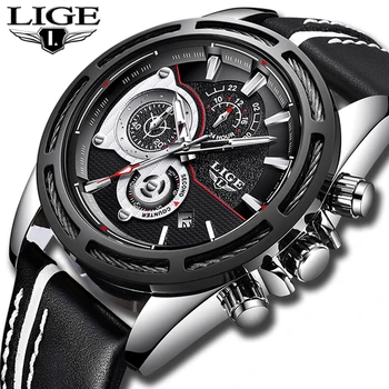 

Relojes Hombre 2019 New LIGE Quartz Sport Watch Male Silver Black Leather Watches Mens Automatic Date Waterproof Chronograph+Box
