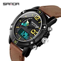 Для мужчин s часы Элитный бренд для мужчин кожа спортивные часы Санда для светодио дный мужчин кварцевые светодиодный цифровые часы