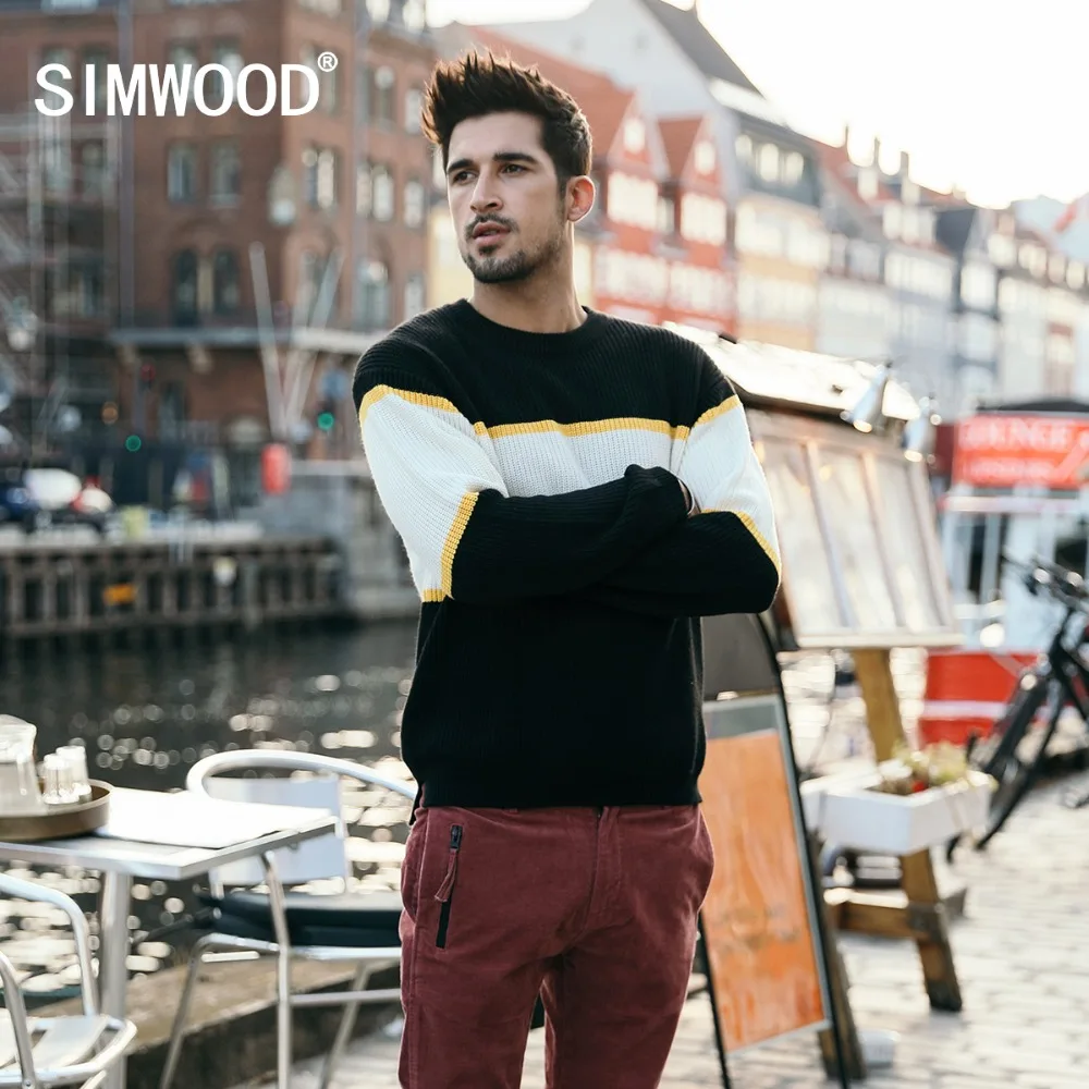 

SIMWOOD 2019 New Wool Sweater Men Fashion Knitted Pullovers Men Contrast Color Sueter Hombre Brand Clothes High Quality 180372