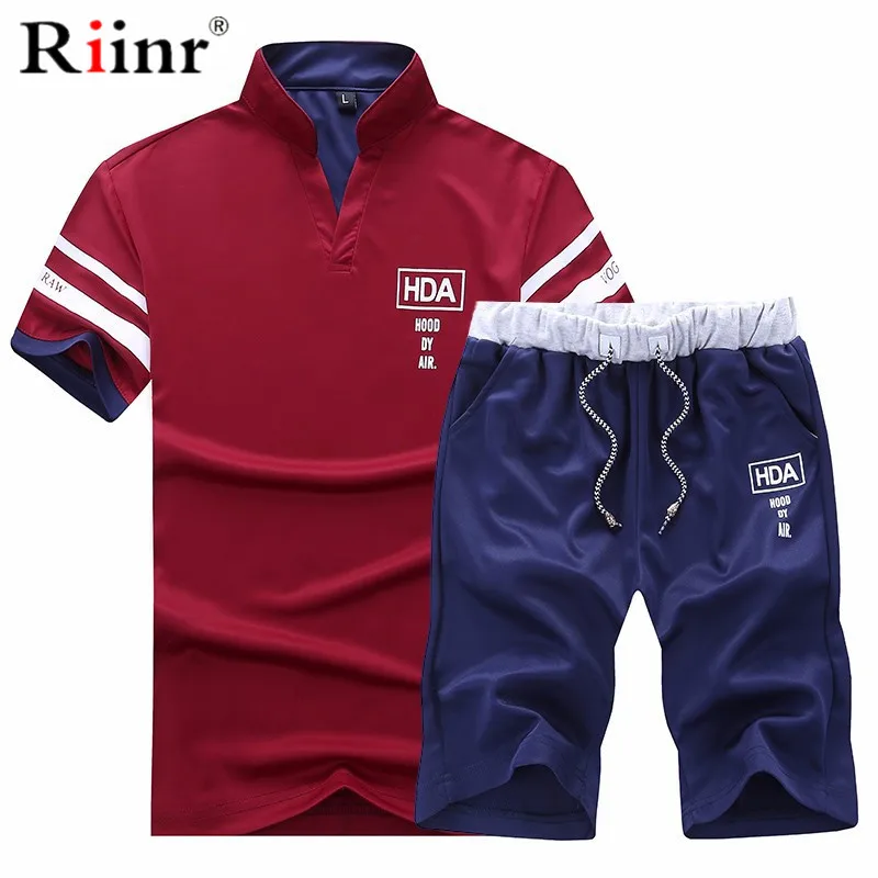 

Riinr Fashion Tracksuit Men Set Summer Short Sleeve Casaul Slim Fit Sporting Suit Mens Masculino T shirt+Shorts 2 Pieces Sets