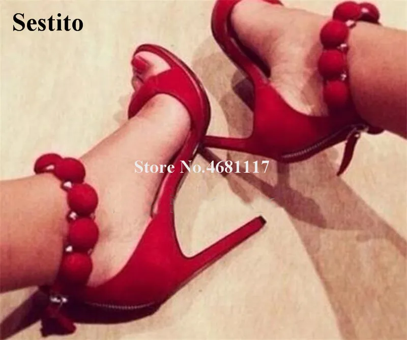 

Brand Women Fashion Open Toe Round Button Design Thin Heel Rivet Sandals Red Pink Blue Ankle Strap High Heel Sandals Club Shoes