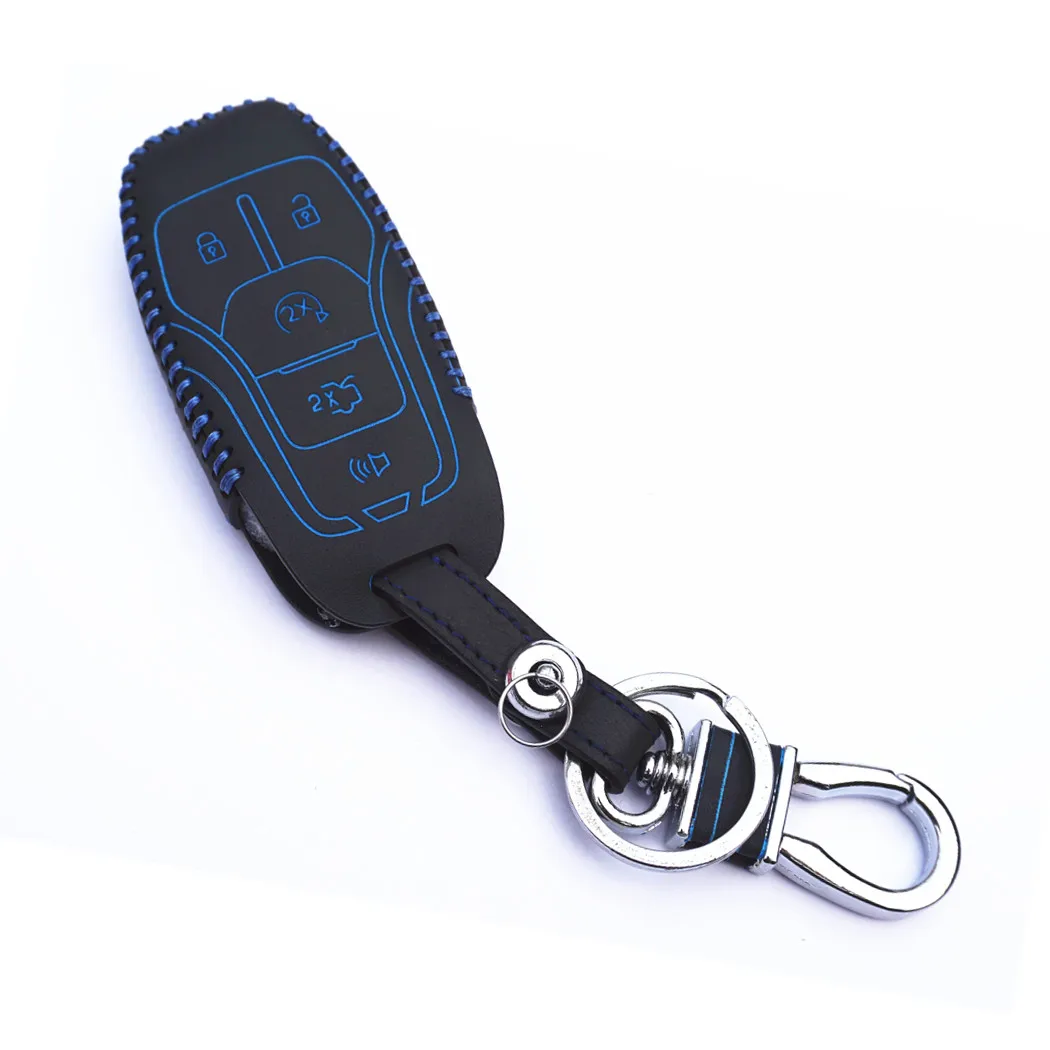 

WFMJ Blue Genuine Leather 5 Buttons Remote Key Chain Holder Cover Case For Ford Edge MKZ MKC Explorer Fusion Mustang F-150 F-450