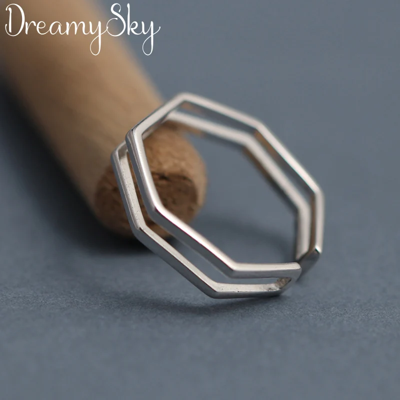 

Luxury Jewelry Trendy 925 Sterling Silver Hexagon Antique Rings For Women Ladies Large Adjustable Size Ring Joyas De Plata
