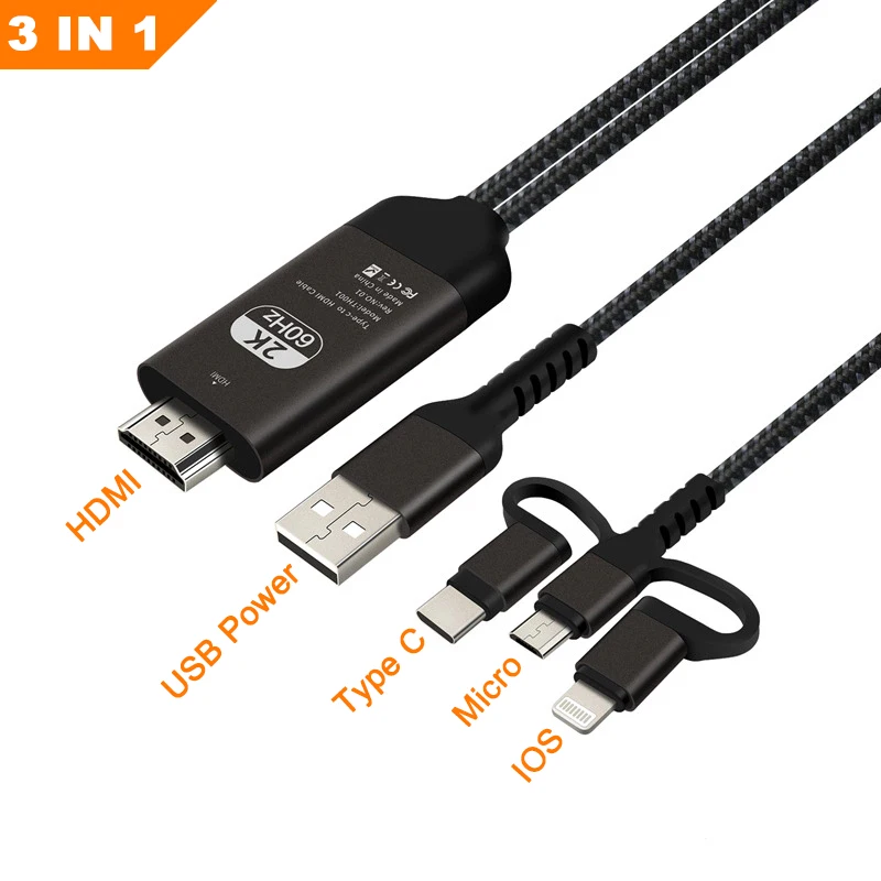 

3 in 1 Phone to HDMI Cable, Compatible with iPhone iPad Android Phones, 6.6ft HD Digital AV Adapter for iPhone Samsung Huawei