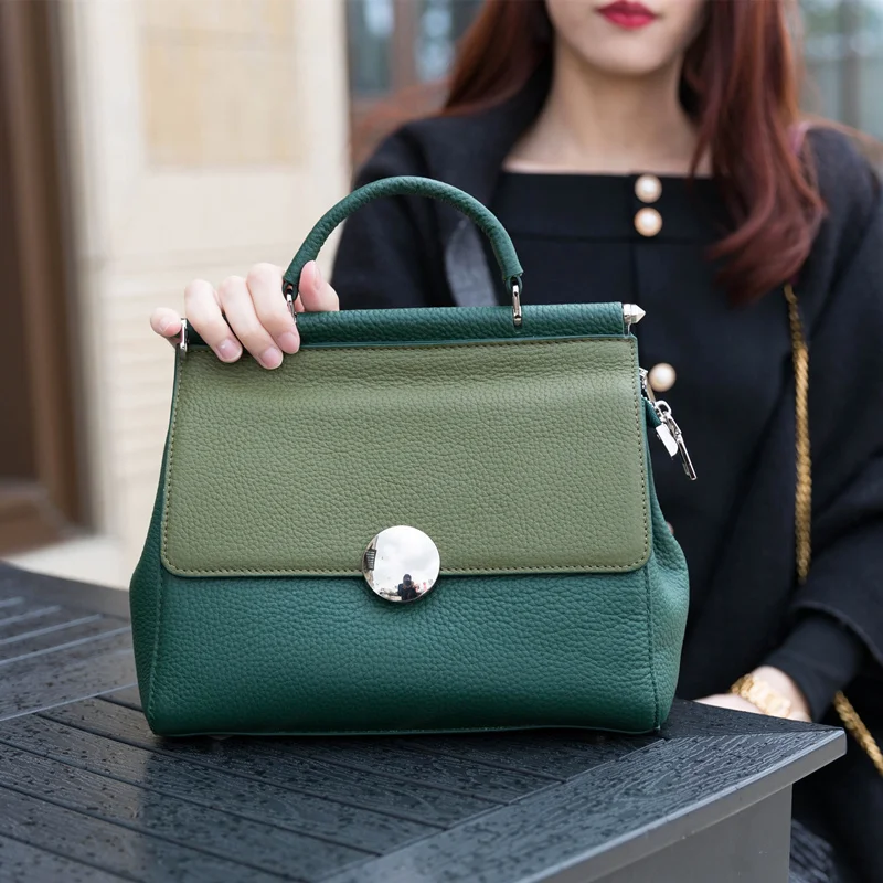 

New First Layer Cowhide Panelled Crossbody Shoulder Bags Fashion Round Buckle Women Real Leather Handbag