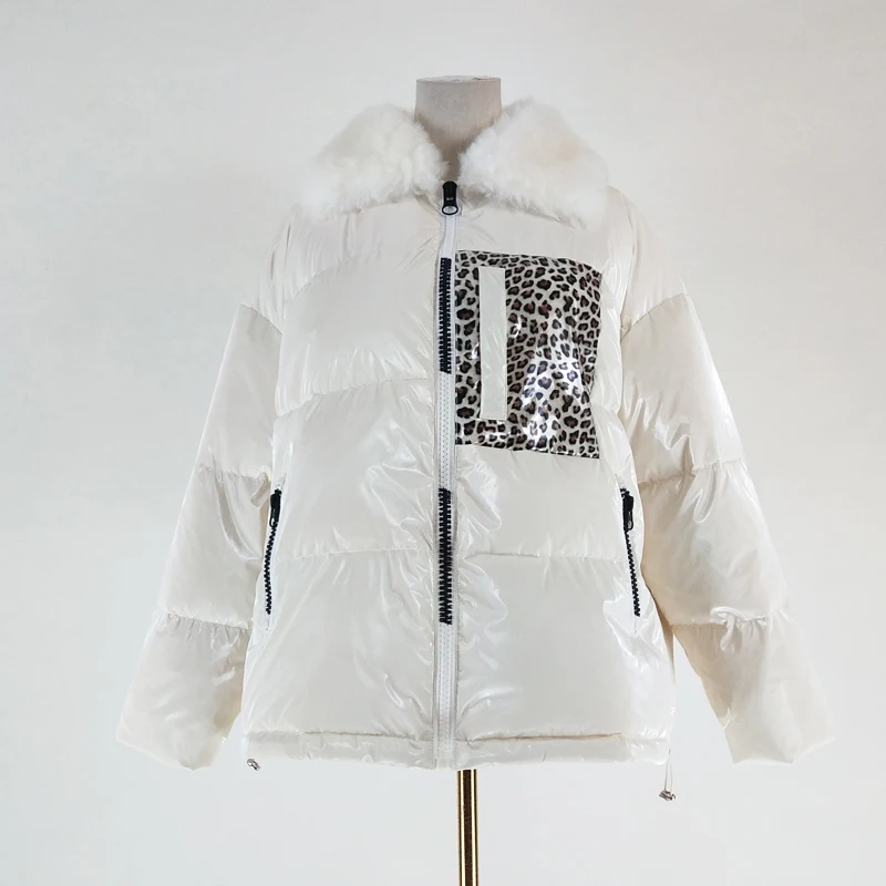 

doudoune femme hiver down winter jacket women 2019 Leopard pattern short parka korean 100% real sheep fur collar outerwear warm
