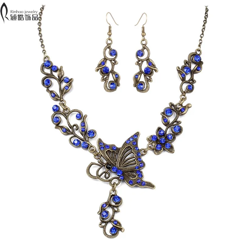 

Wdding jewelry set Bride rhinestone jewelry set Butterfly necklace earrings Retro Plated bronze Set of Fashion Jewelry