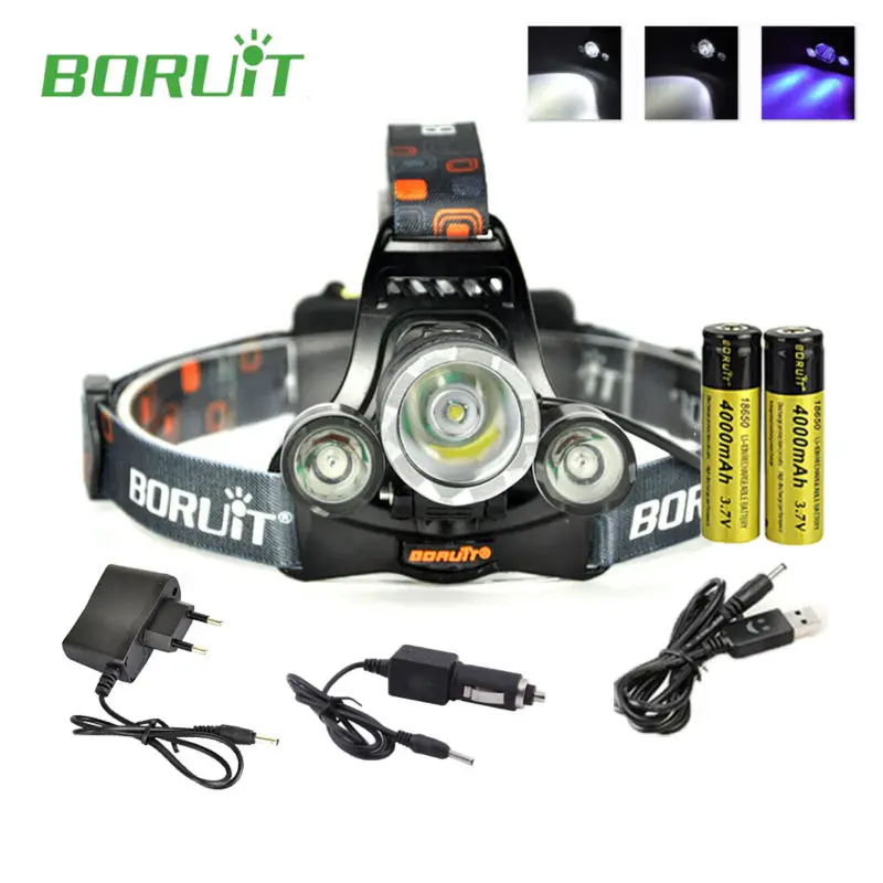 

Boruit RJ-3000 UV Led Headlamp Flashlight Frontal Lantern 3 Modes XM-L T6+2R5 with Purple Light Mode + Rechargeable Battery