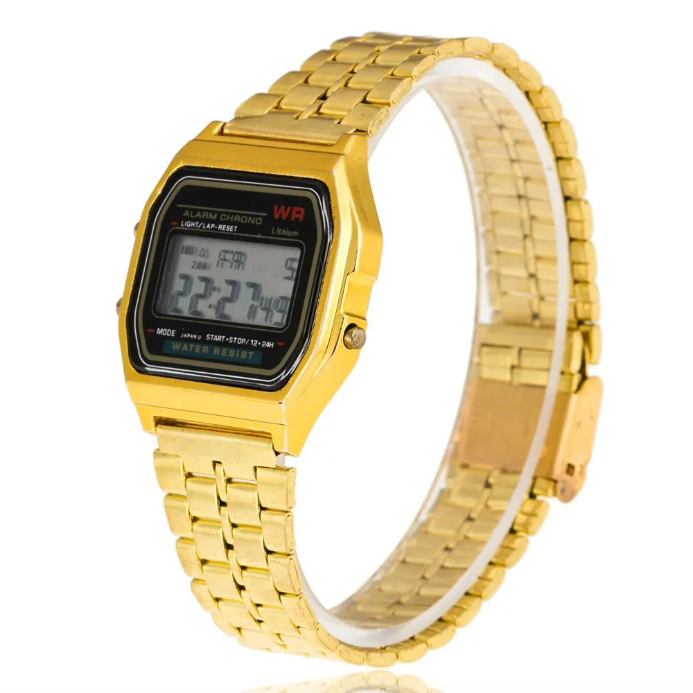 Classic Vintage Womens Men Stainless Steel Square LED Digital Alarm Stopwatch Wrist Watch Free Shipping 