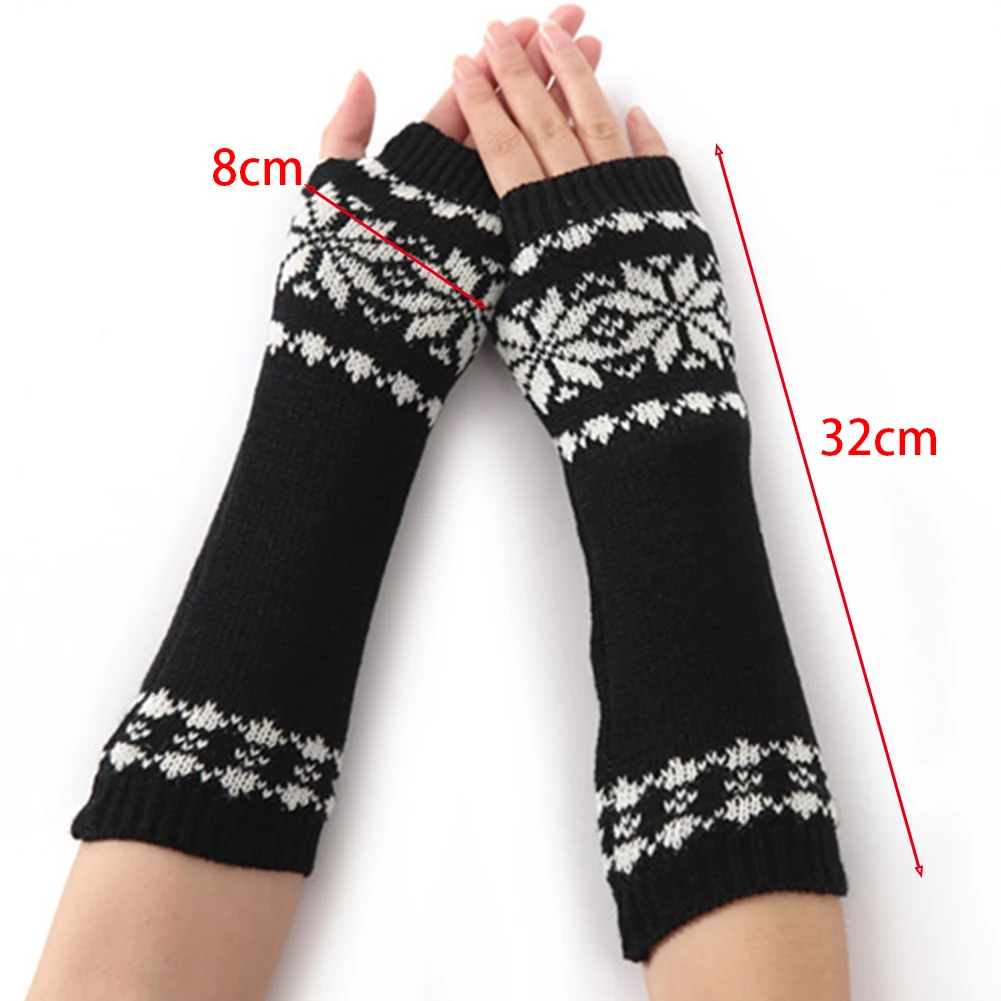 Гетры для рук для Для женщин вязаная подарок для девочек Зимние перчатки длинные перчатки без пальцев, рисунок со снегом