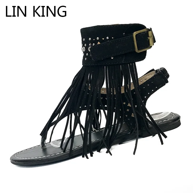 LIN KING/женские сандалии гладиаторы с кисточками в стиле ретро Модные со стразами