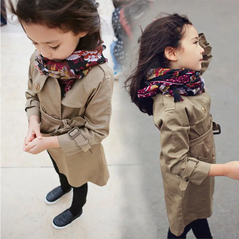 

school children trench coat girls jackets cotton with sashes khaki belt autumn long coats for girls outwear children clothing