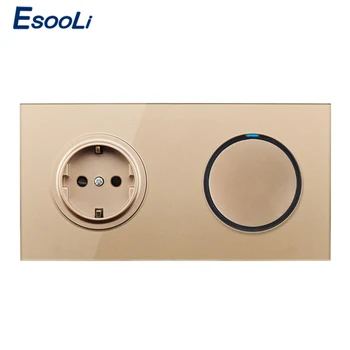 

Esooli Golden Crystal Glass Panel 16A EU Russia Standard Wall Power Socket 1 Gang 1 Way On / Off Light Switch LED Indicator