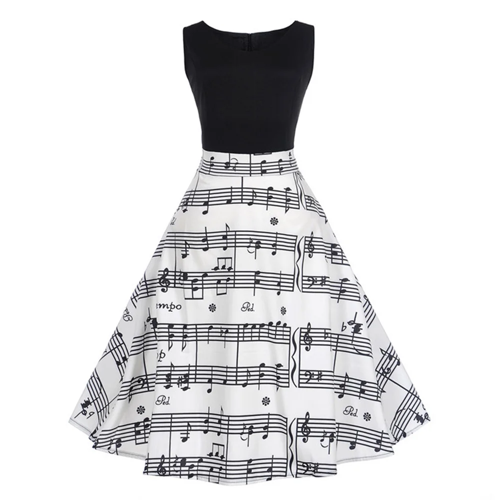 2018 V Collar Music Note Print Sleeveless font b Dress b font Summer Big Swing Vintage