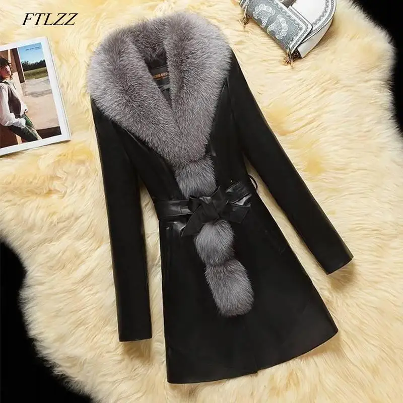 FTLZZ кожаная куртка размера плюс 4XL для женщин воротник из искусственного меха длинное черное красное пальто зимнее повседневное толстый теплый ремень кожаная одежда - Цвет: Черный