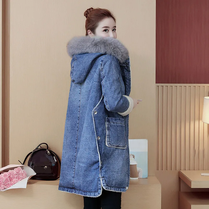 Denim Hooded Jeans Women's Parka Jacket Winter Fur Collar Velvet Liner Medium-Long Women Parkas Coat 2018 Casual Overcoat Female