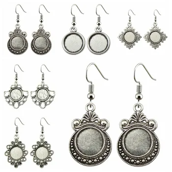 

5 Pairs Fit 12mm Round Shape Glass Cabochon Silver Color Zinc Alloy Dangle Earrings Hooks Cabochon Base Setting