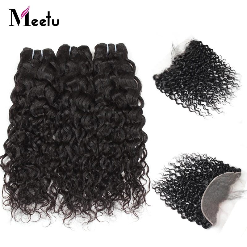 

Meetu Water Wave Human Hair 3 Bundles With Closure Indian Hair Weave Non Remy Lace Frontal Closure With Bundles Free Part