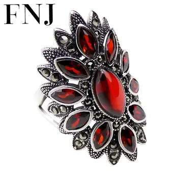 

FNJ 925 Silver Flower Ring MARCASITE New Fashion Red Stone Original S925 Sterling Silver Rings for Women Jewelry Adjustable Size