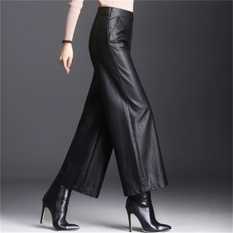 Leather pants women's new high waist nine points wide leg pants autumn ...