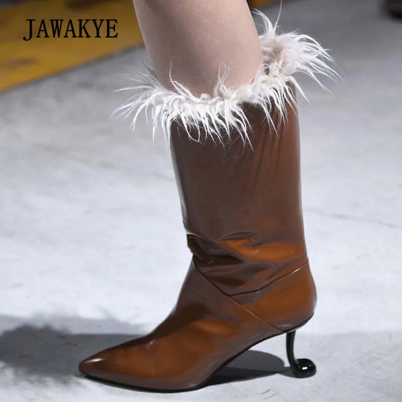 

2018 Chic Wool Fur Snow Boots Woman Pointed Toe Real Leather Strange High Heel Boots Women Fashion Short Leather Fur Boots