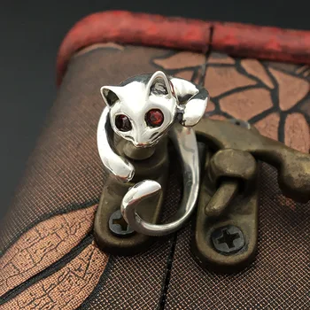 

S925 Sterling Silver Jewelry Handicraft Retro Thai Silver Tail Ring Female Red Eye Wolf Ring Open Ended Ring