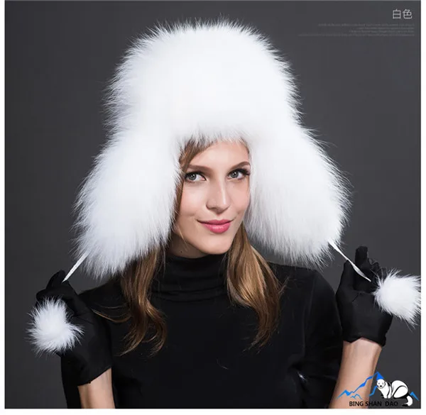 Russia Hot Item Fashion Winter Raccoon&bomber Fox Fur Hat With Ear Flaps For Women Thick and warm Winter Cap mens winter bomber hats Bomber Hats