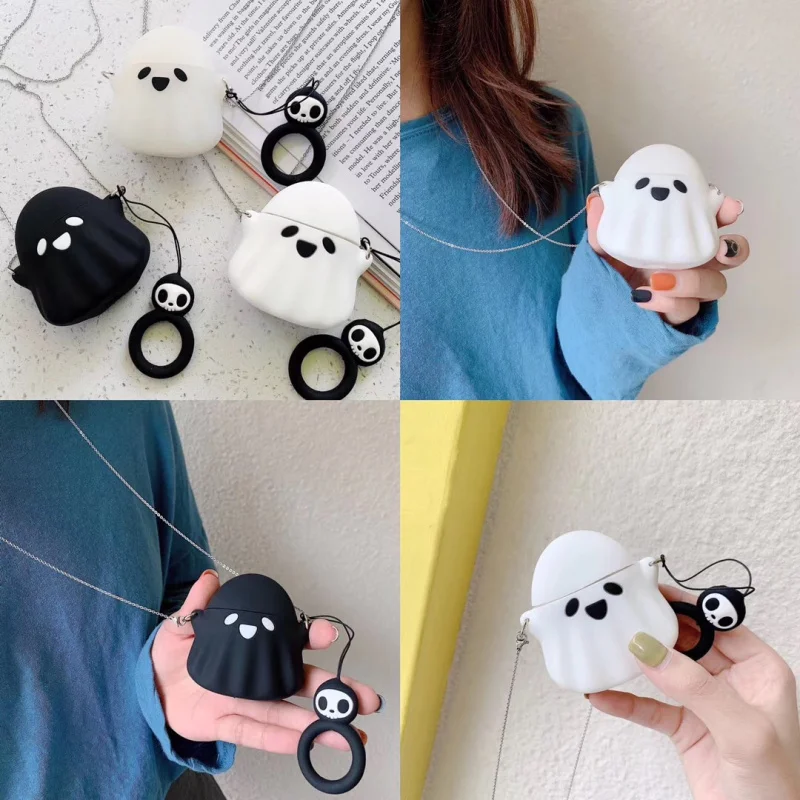 

Cute ghost for airpods 2 Protective shell for Apple Wireless Bluetooth Headphone Protection Cover box Long rope Silicone