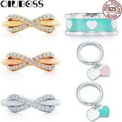 QIUBOSS S925 SilverTiffany любовь сердце серебро эмаль пару кольцо двойное сердце кольца ювелирные изделия оптовая продажа с фабрики