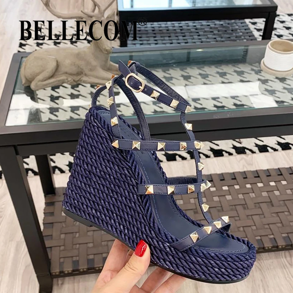 

BELLECOM Summer 2019 New Type Waterproof Table Rivet Open-toed Thick-soled Sexy High-heeled Shoes for Women's Slope heels