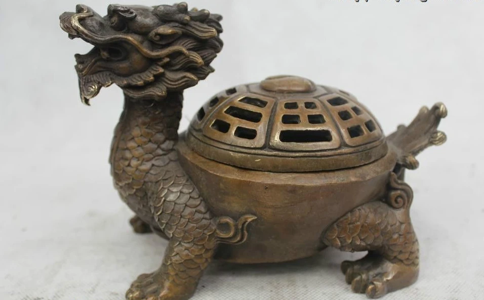 

6"Chinese Folk Pure Bronze excellent Lucky Dragon tortoise incense burner