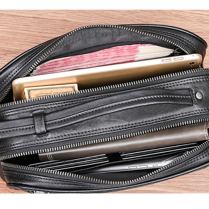AETOO Male handbag leather Large capacity double zipper portable bag men's head cowhide casual day clutch leather men bag