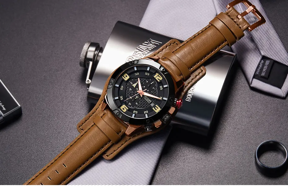 MEGIR мужские светящиеся кварцевые часы новые Relogios Masculino кожаный ремешок спортивные армейские хронограф наручные часы ML2099 черный