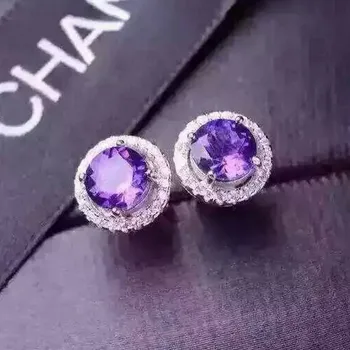 

Fidelity natural purple crystal stud earrings 925 silver classic round fine jewelry for women party Natural 5*5mm Amethyst