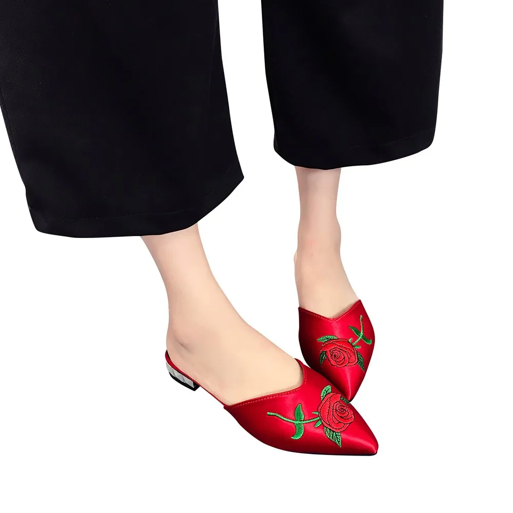 

YOUYEDIAN 2019 red rose shoes for women Fashion Women Pointed Satin Fabric Embroidery Flower Slippers Leisure Sandals #G35
