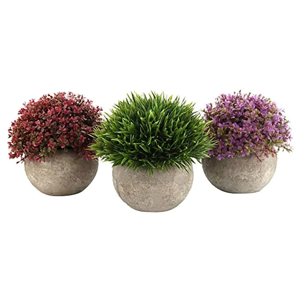 

Set of 3 Artificial Green Grass Bonsai Art Plant with Gray Pot flowers in batch home decor fake plants