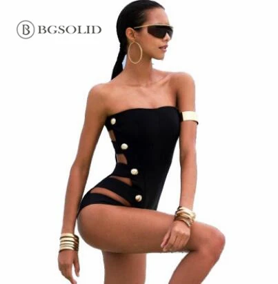 

2019 new European and American foreign trade bikinione-piece gold button swimsuit sexy swimsuit for women